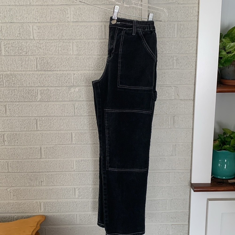 Kreamy Cargo Straight Leg Jeans Women Size S Elastic Waist Contrast Stitching - Picture 6 of 13